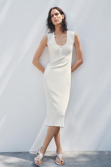 RIBBED BUTTON-FRONT MIDI DRESS - White by Zara - Image 0