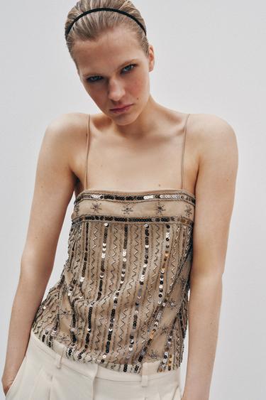 BEADED SEQUIN TULLE TOP - Golden by Zara