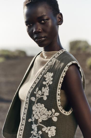 EMBROIDERED WAISTCOAT - Khaki by Zara - Image 4