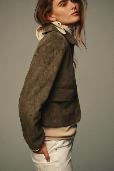 FAUX SUEDE CROPPED JACKET - Khaki by Zara - Image 3