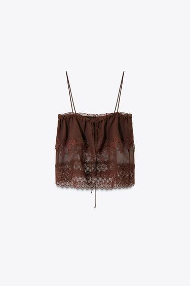 Zara LACE STRAP TOP - Brown