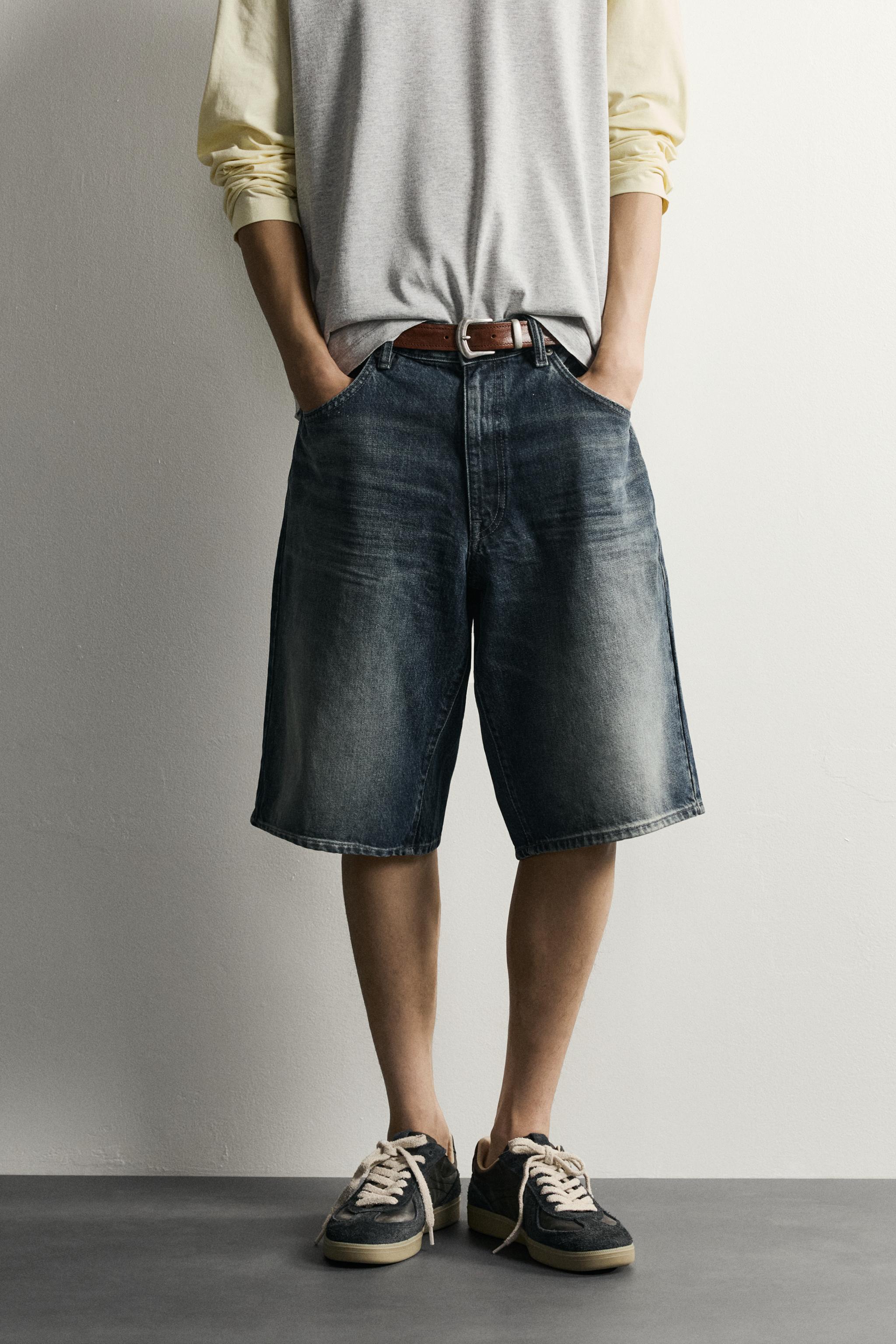 Мужские шорты Zara BAGGY FIT DENIM SHORTS WITH LEATHER POCKETS — фото 2