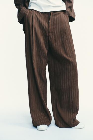Zara DOUBLE PLEAT FLAP PANTS - Brown / Ecru