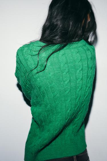 PULL EN V EN MAILLE À TORSADES - Vert de Zara - Image 3
