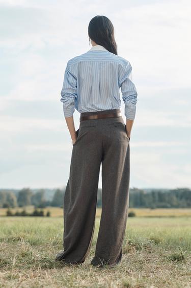 PANTALON VOLUME PLIS AVEC LAINE ÉDITION LIMITÉE - Marron foncé de Zara - Image 1