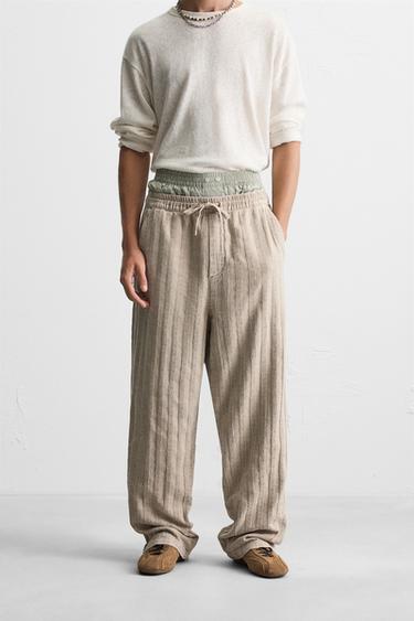 Zara JACQUARD RELAXED FIT PANTS - taupe brown