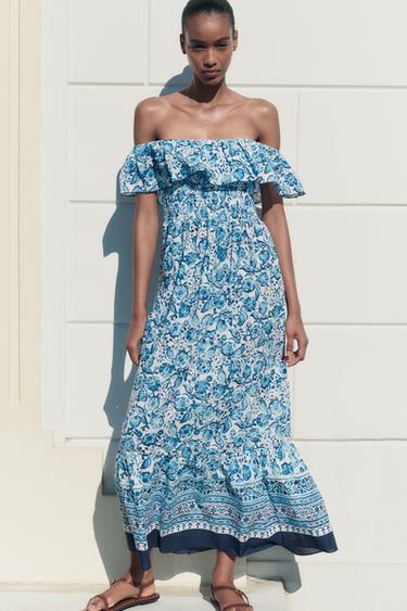 ПЛАТЬЕ OFF-THE-SHOULDER ИЗ ТКАНИ С ЦВЕТОЧНЫМ ПРИНТОМ — Синий/Белый от Zara — изображение 0
