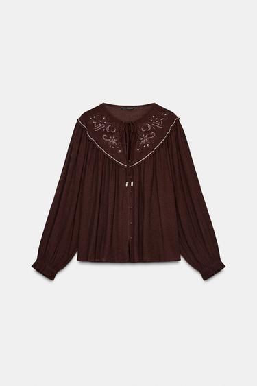 BLUSE MIT STICKEREI UND SCHMUCKPERLEN - Aubergine von Zara - Bild 0
