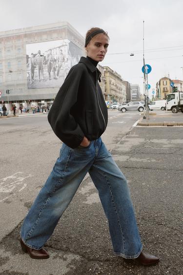 Zara CONTRAST COLLAR WOOL BALLOON BOMBER JACKET - Black - Image 0