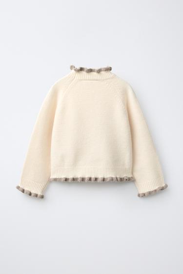 CONTRAST RUFFLE KNIT SWEATER — Ecru 2