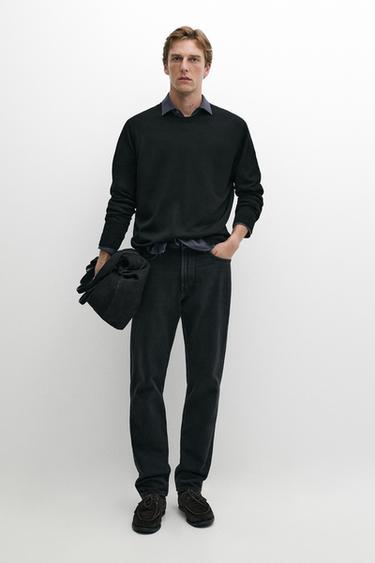 Pull en maille 100 % laine mérinos à col rond - Noir de Zara