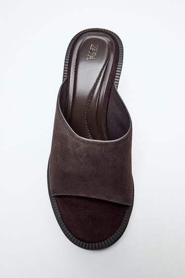 Zara LEATHER BLOCK HEEL SANDALS - Brown