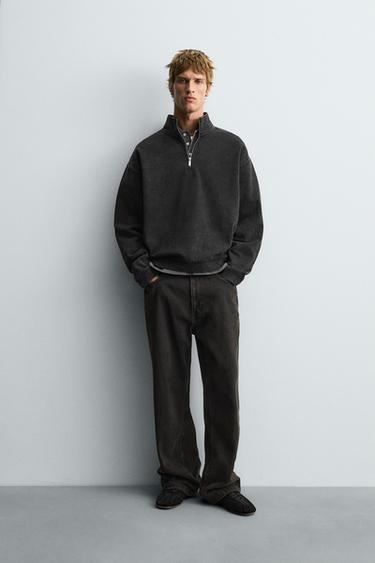 WASHED QUARTER-ZIP SWEATSHIRT - Dark grey by Zara