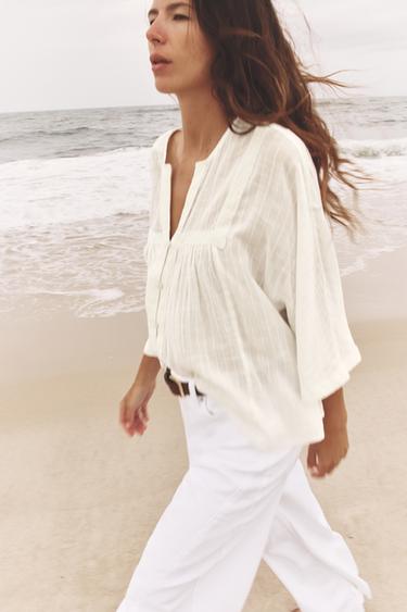 WIDE SLEEVE EMBROIDERED BLOUSE - Oyster-white by Zara
