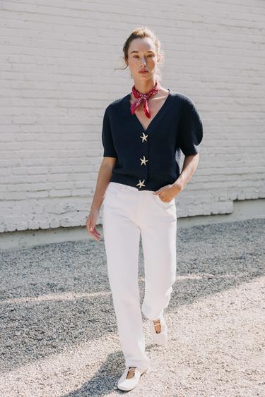 CASACO DE TRICÔ COM BOTÃO ESTRELA - Azul-marinho da Zara