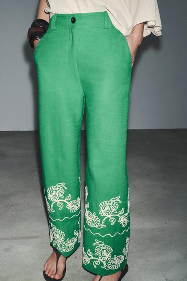 PANTALÓN CULOTTE BORDADOS MEZCLA LINO ZW COLLECTION - Verde de Zara