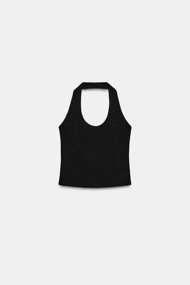 Zara SHINY STRETCH HALTER TOP - Black