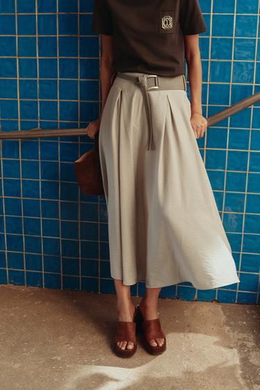 Zara RUSTIC BELTED A-LINE SKIRT - Light beige