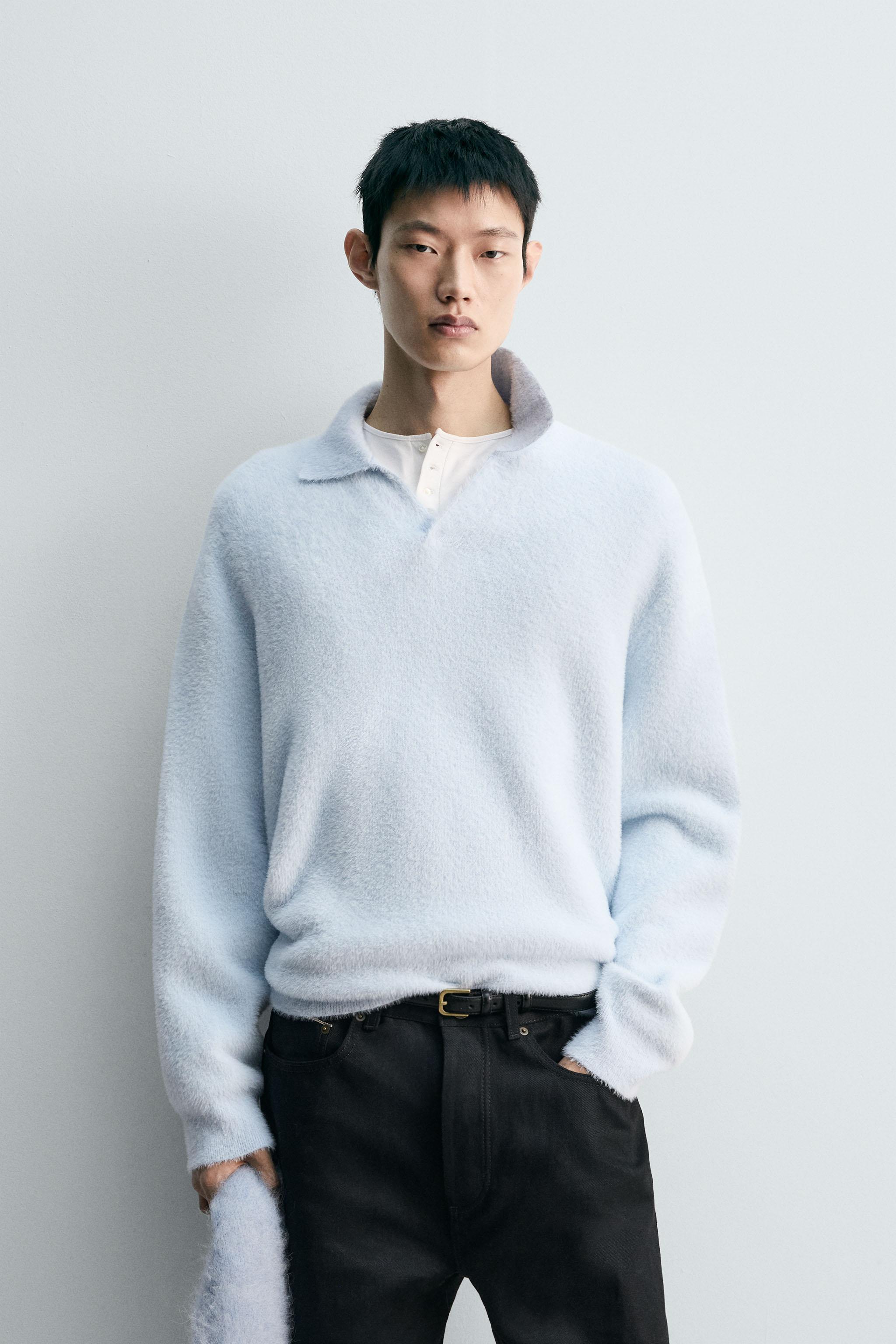 フェイクファーニットリラックスフィットポロシャツ - 空色 | ZARA
