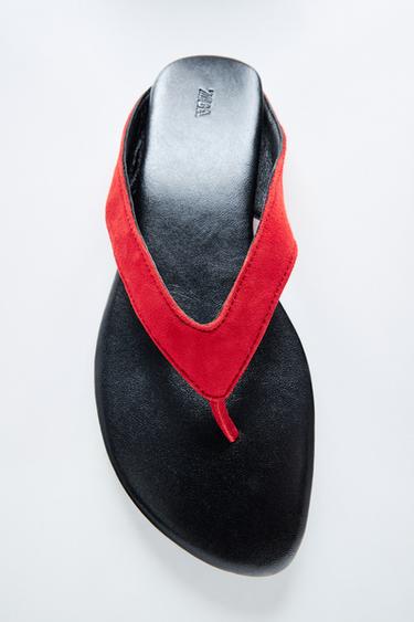 Zara FLAT LEATHER SANDALS - Red