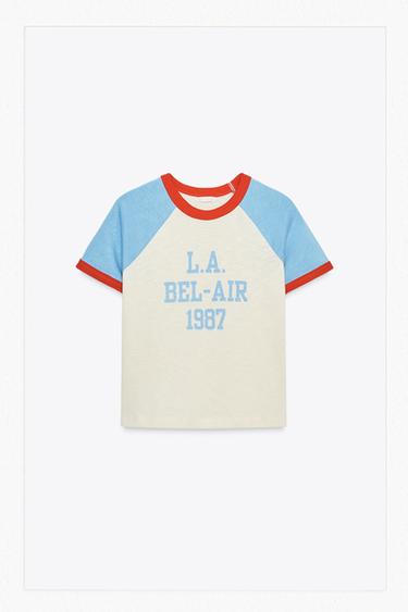 SLOGAN T-SHIRT WITH RIBBED TRIM - Ecru / Blue by Zara
