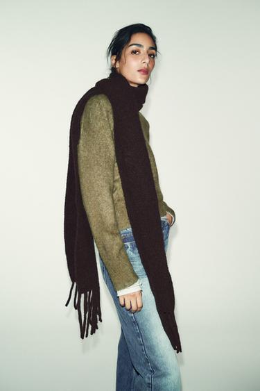 Zara KNIT SCARF WITH WOOL FRINGE - Brown - Image 0