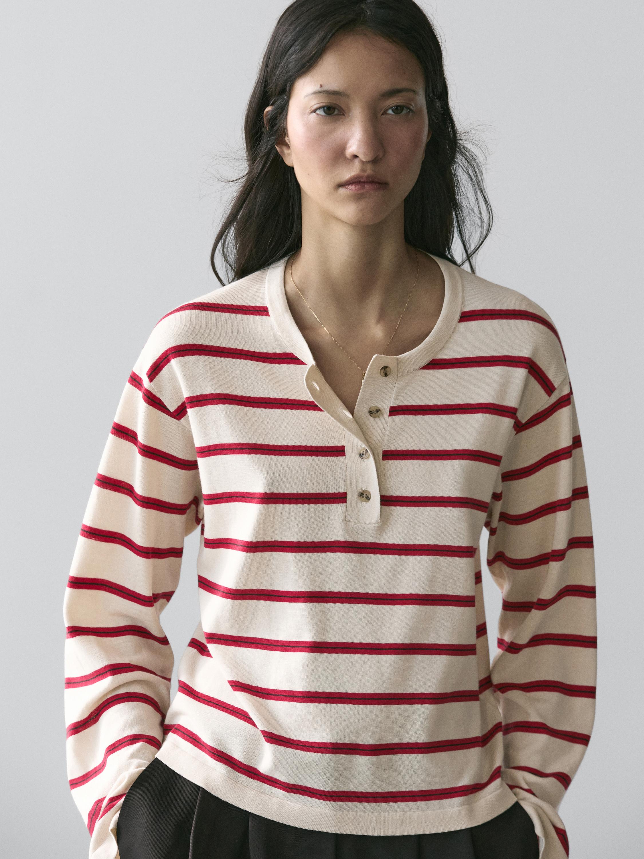 Pull en maille à rayures 100 % coton et col tunisien