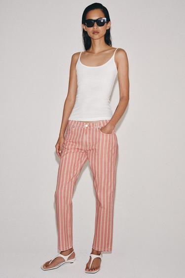 ZW COLLECTION STRIPED MID-WAIST SLIM FIT JEANS - Coral by Zara
