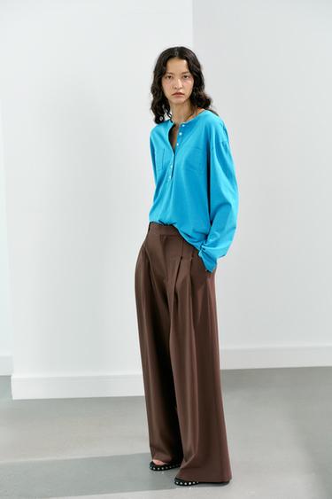 Zara WIDE PLEATED PANTS - Brown marl