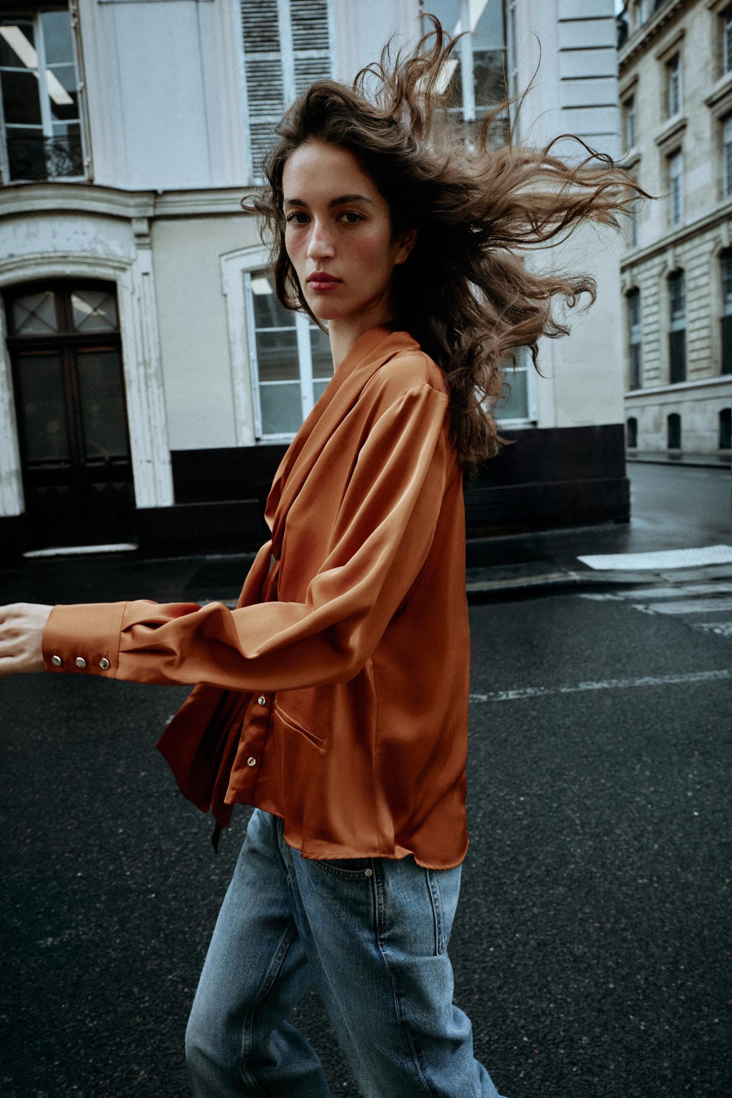 Женская блузка Zara Satin Bow Blouse, цвет: Оранжевый — фото 4