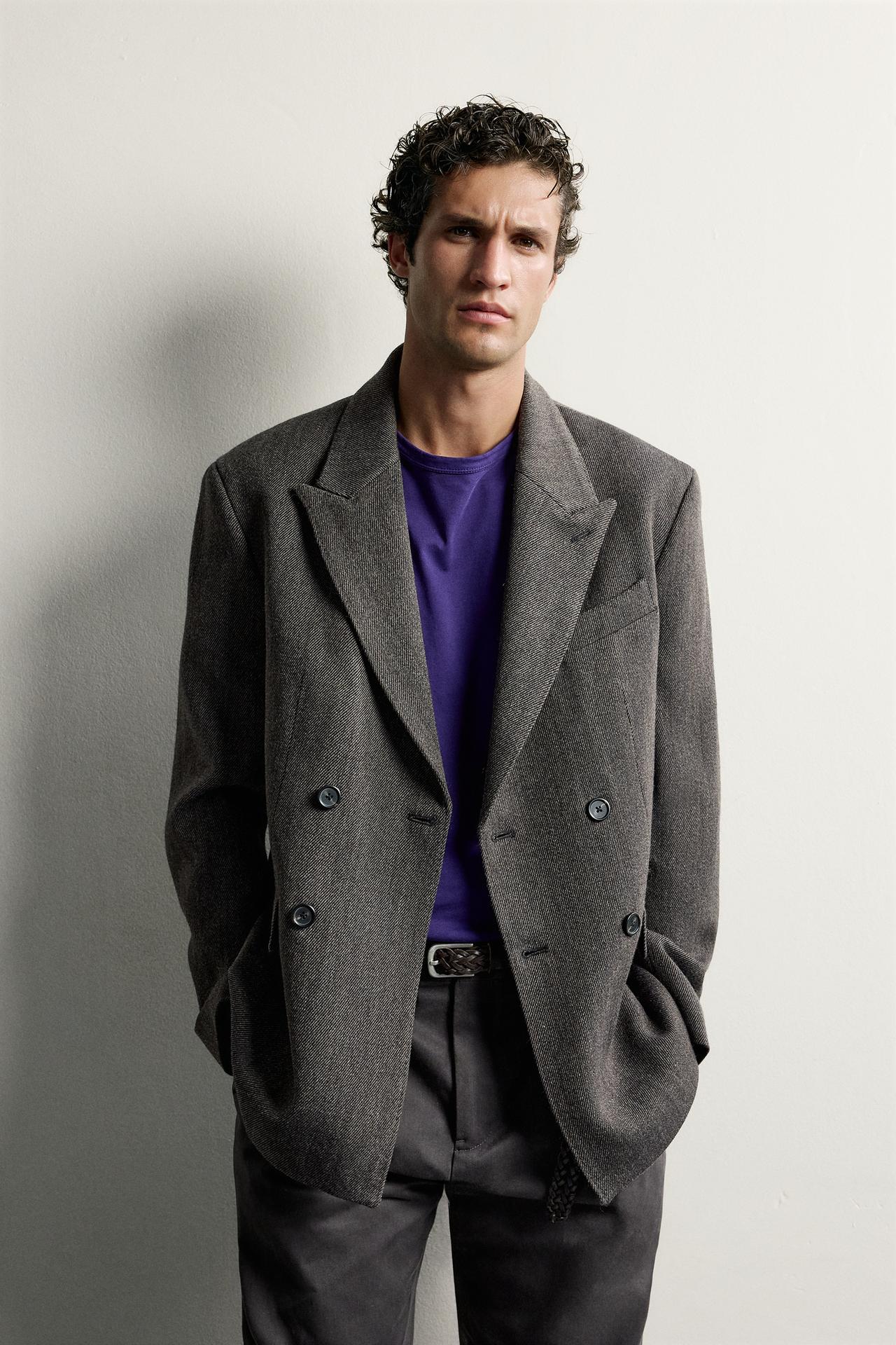 Wool-Blend Double-Breasted Blazer — Brown