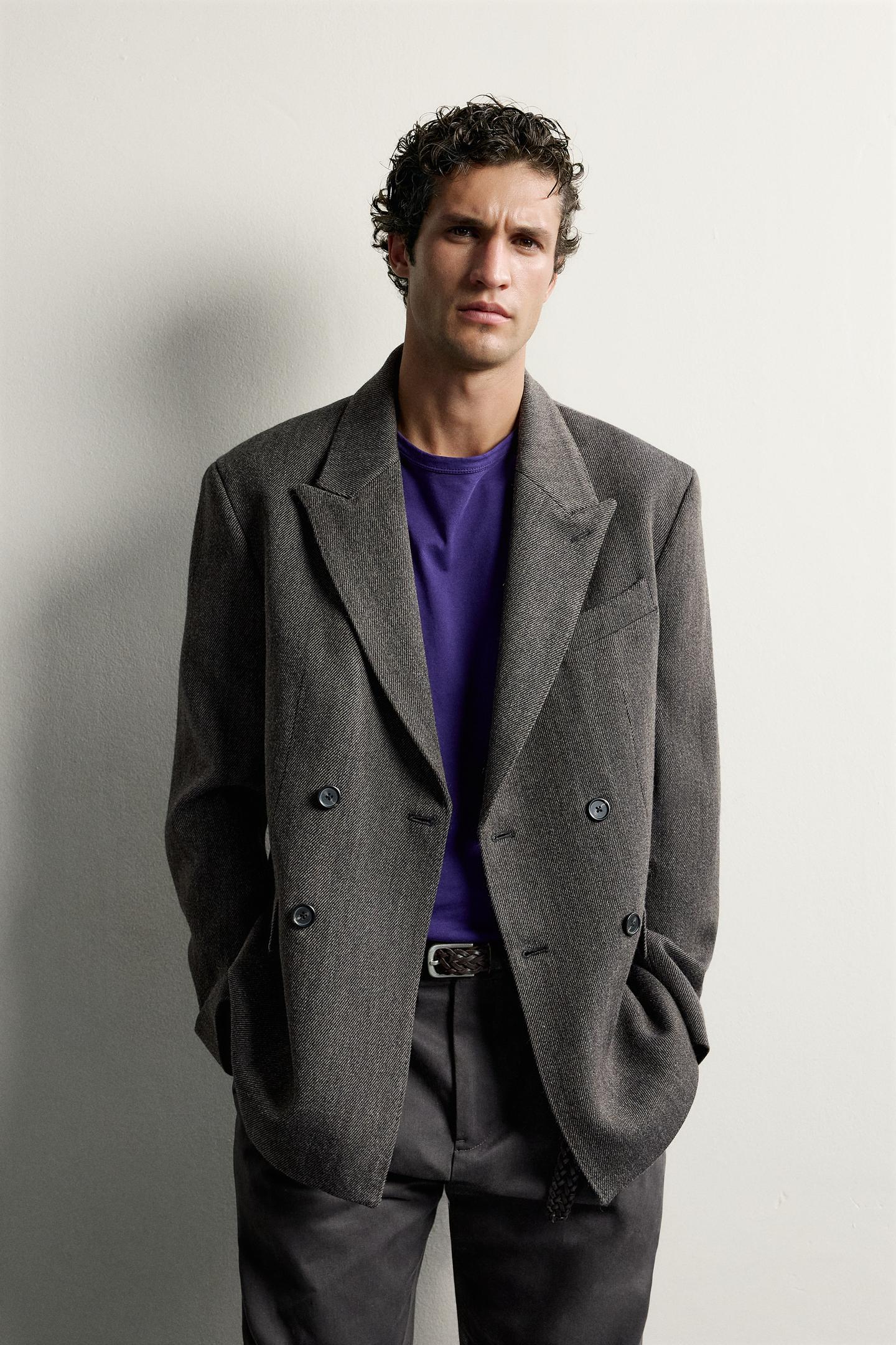 Мужской пиджак Zara Wool-Blend Double-Breasted Blazer, цвет: Коричневый — фото 2