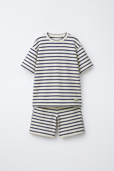 TEXTURED STRIPED T-SHIRT AND BERMUDA SHORTS SET - Ecru / Navy by Zara