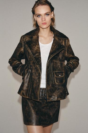 100% LEATHER BIKER JACKET ZW COLLECTION LIMITED EDITION - Brown by Zara