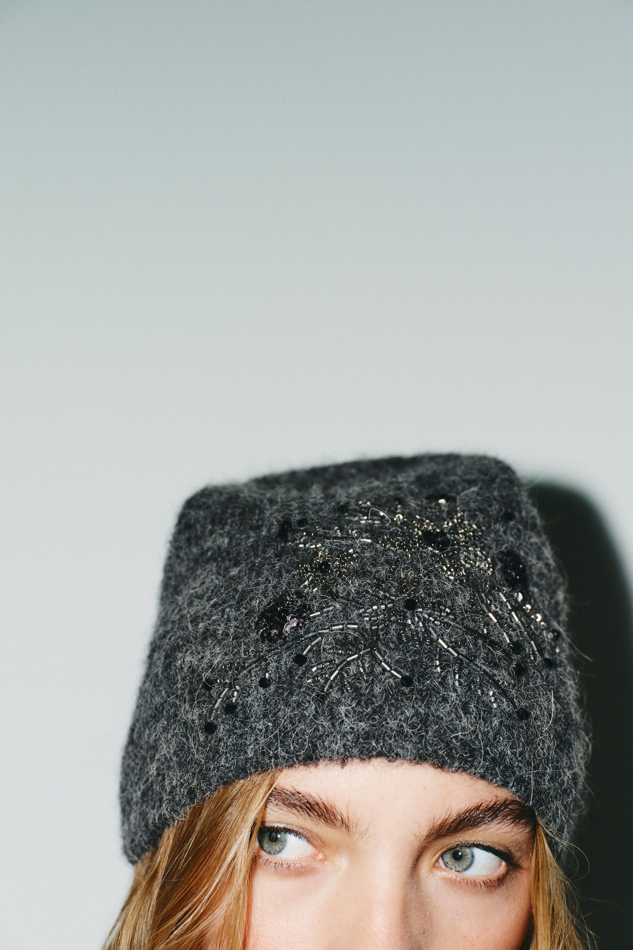 BEADED EMBROIDERED KNIT BEANIE