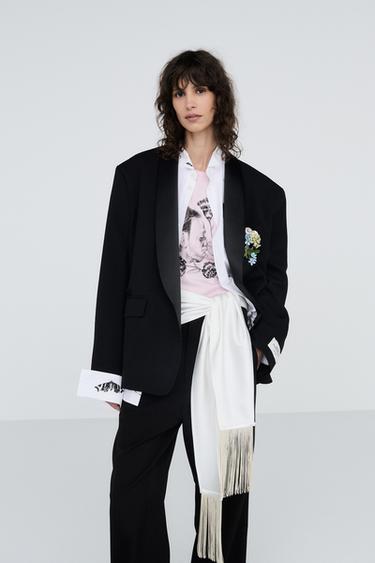 CONTRAST PRINT SHAWL COLLAR SHIRT — White 2