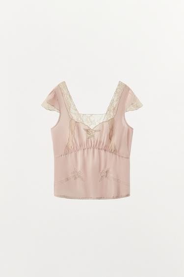 SATIN TOP WITH EMBROIDERED LACE - Pastel pink by Zara