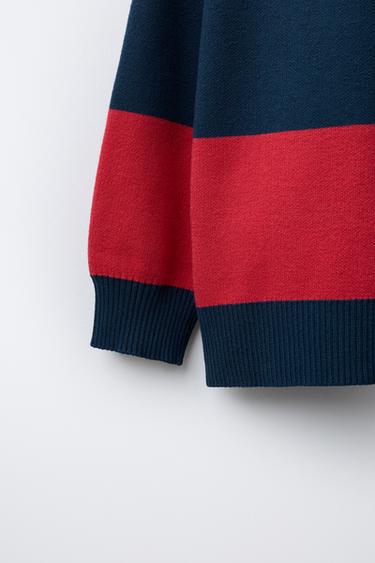 STRIPED VARSITY KNIT POLO SWEATER - Red by Zara - Image 3
