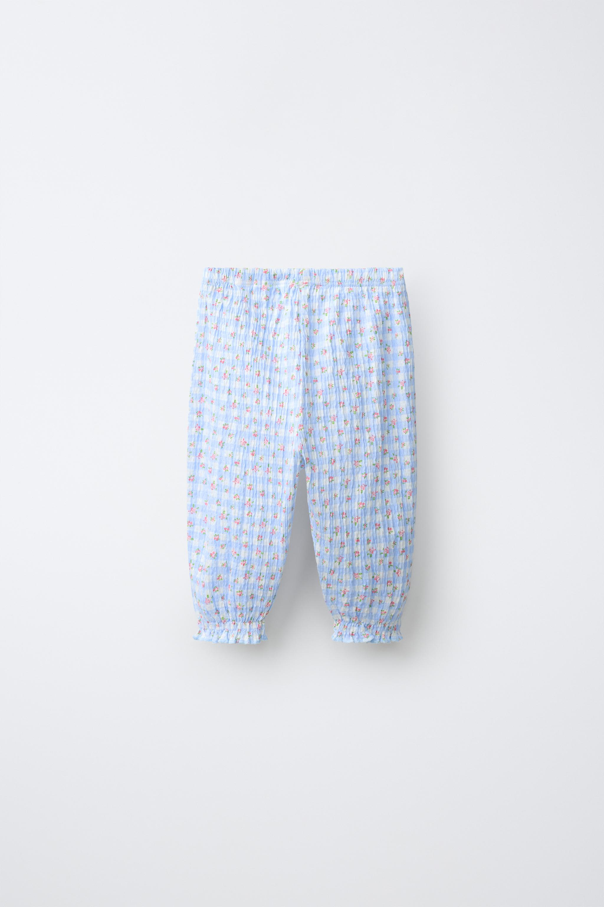 FLORAL AND PLAID BLOOMER PANTS — Blue / White