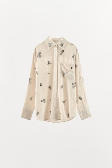 JEWELLED LINEN SHIRT - Oyster-white by Zara - Image 4
