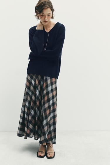 Zara PLAID MIDI SKIRT - Gray / Tan