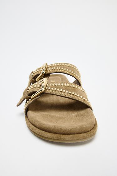EMBROIDERED FLAT SPLIT SUEDE SANDALS - Sand Brown by Zara - Image 4