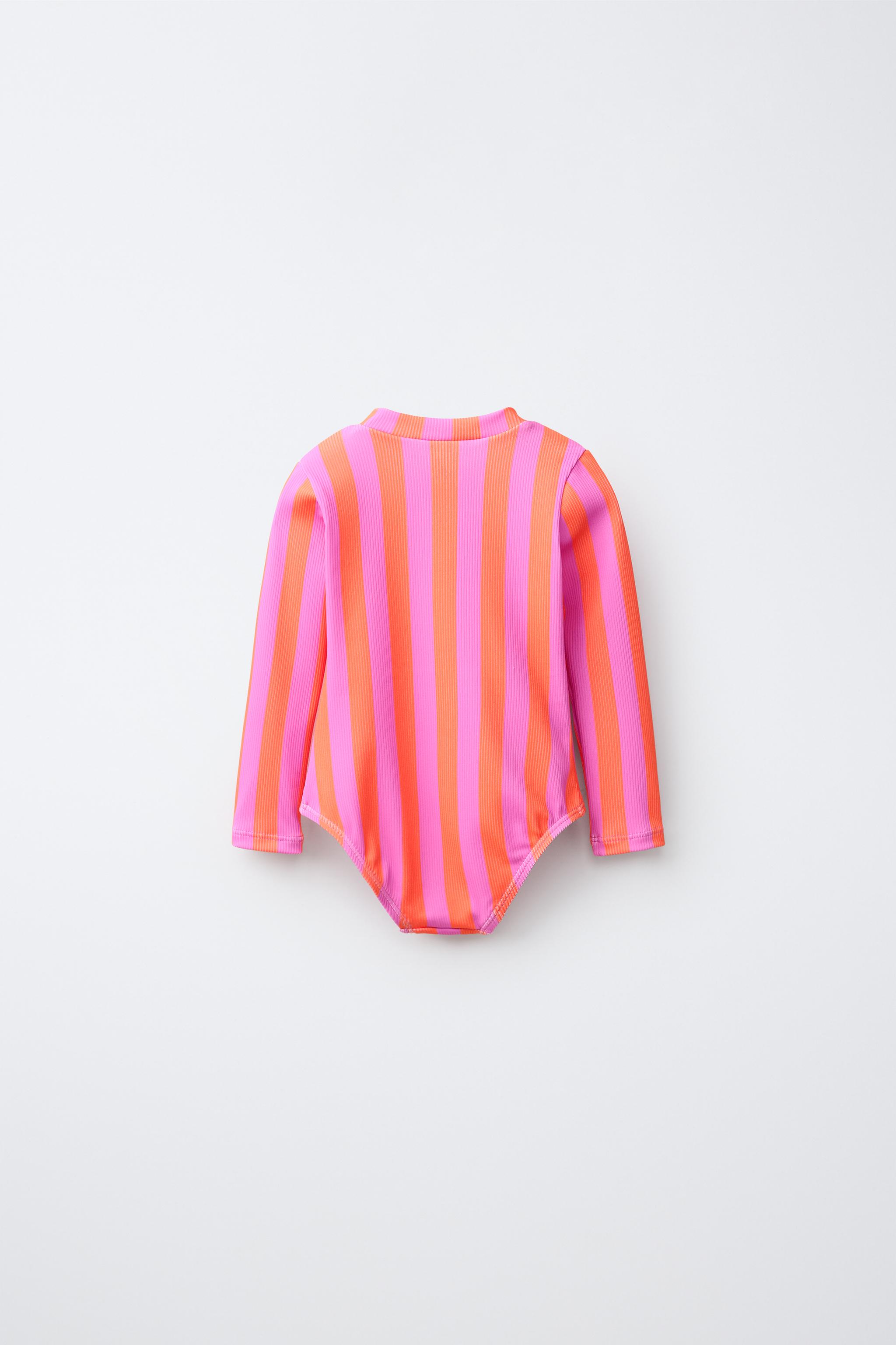 1-6 YEARS / STRIPED TEXT SWIMSUIT — Neon orange (alternate view)