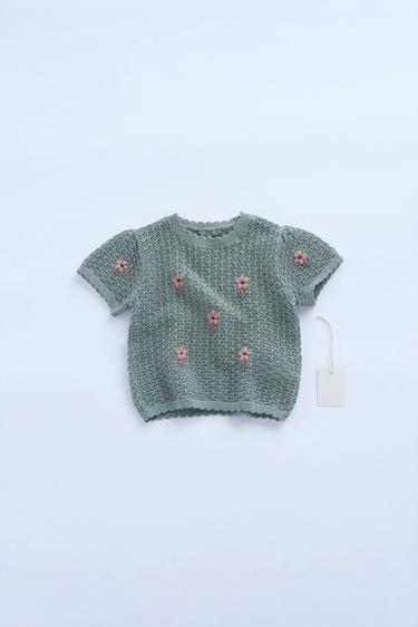 Zara ZARA TIMELESS - EMBROIDERED FLORAL KNIT T-SHIRT - Green / Blue - Image 0