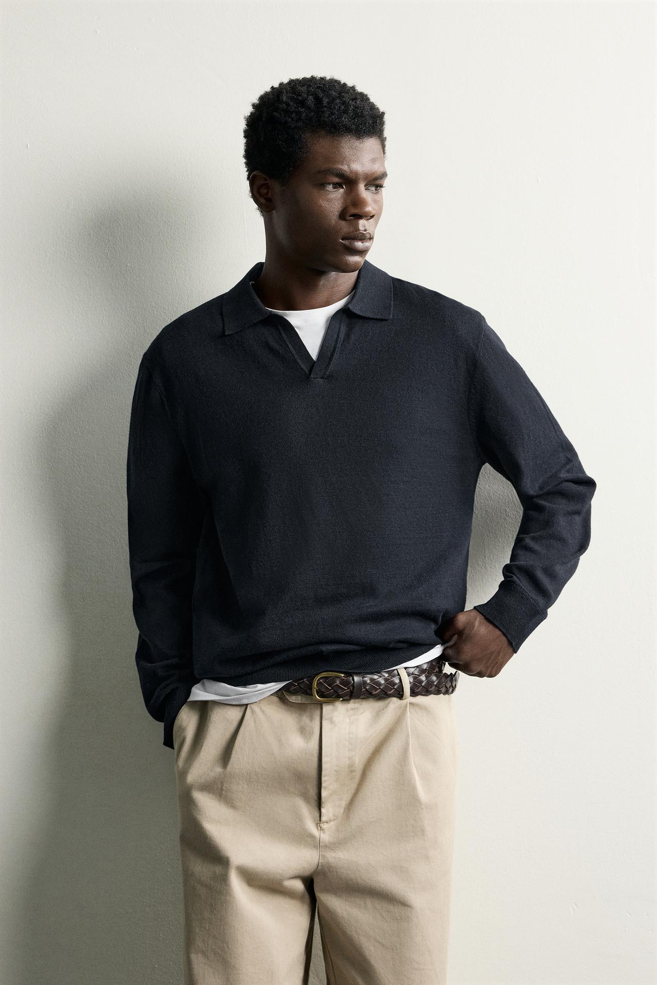 COTTON-BLEND REGULAR FIT KNIT POLO — Navy blue