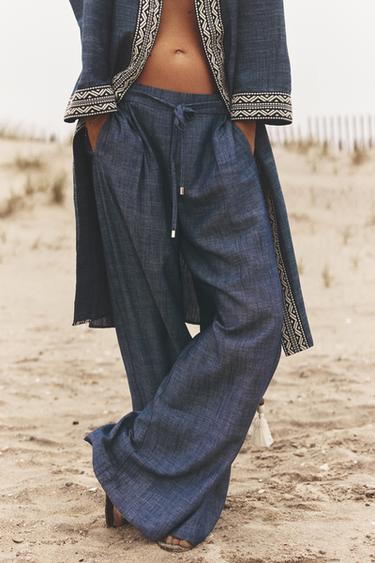 LINEN BLEND WIDE-LEG TROUSERS WITH BELT - Light indigo by Zara