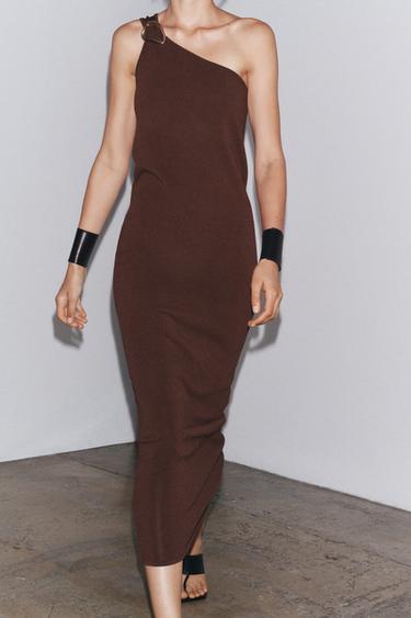 ASYMMETRIC KNIT MIDI DRESS WITH TRIM - Brown by Zara - Image 1