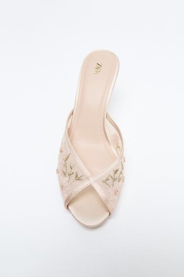 صندل بكعب شبكي مطرز - وردي الخاص بـ Zara