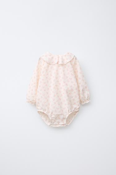 Zara FLORAL PRINT DOTTED MESH BODYSUIT - Pastel pink