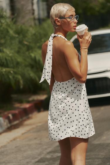 Zara HALTER POLKA DOT SATIN EFFECT DRESS - Ecru / Black